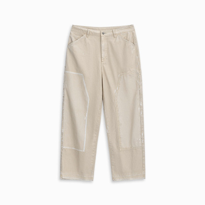 MRA破壞潑墨寬鬆米白牛仔褲復古休閒直筒多口袋伐木工褲男夏