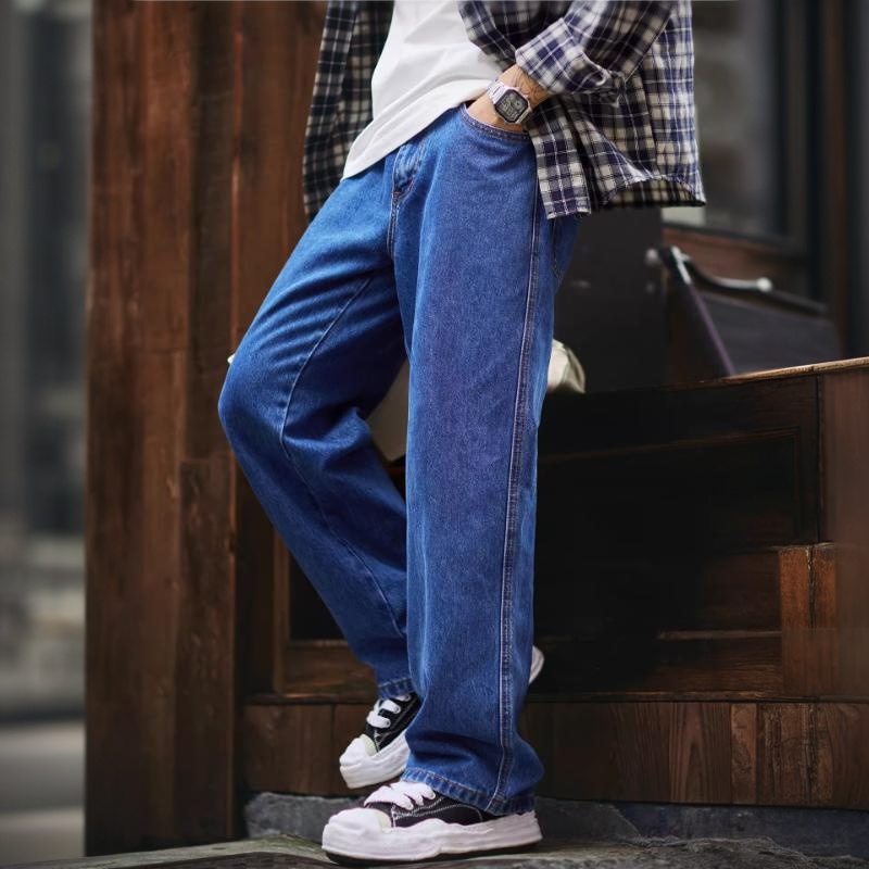 美式春秋cleanfit寬鬆直筒牛仔褲男2026新款藍色大碼休閒長褲子
