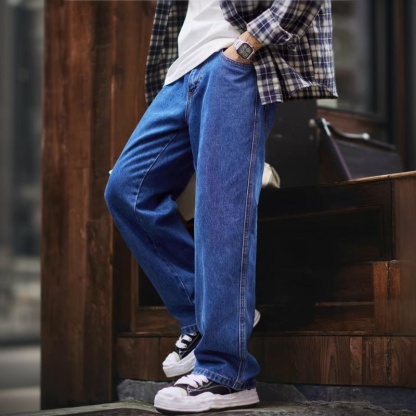 美式春秋cleanfit寬鬆直筒牛仔褲男2026新款藍色大碼休閒長褲子