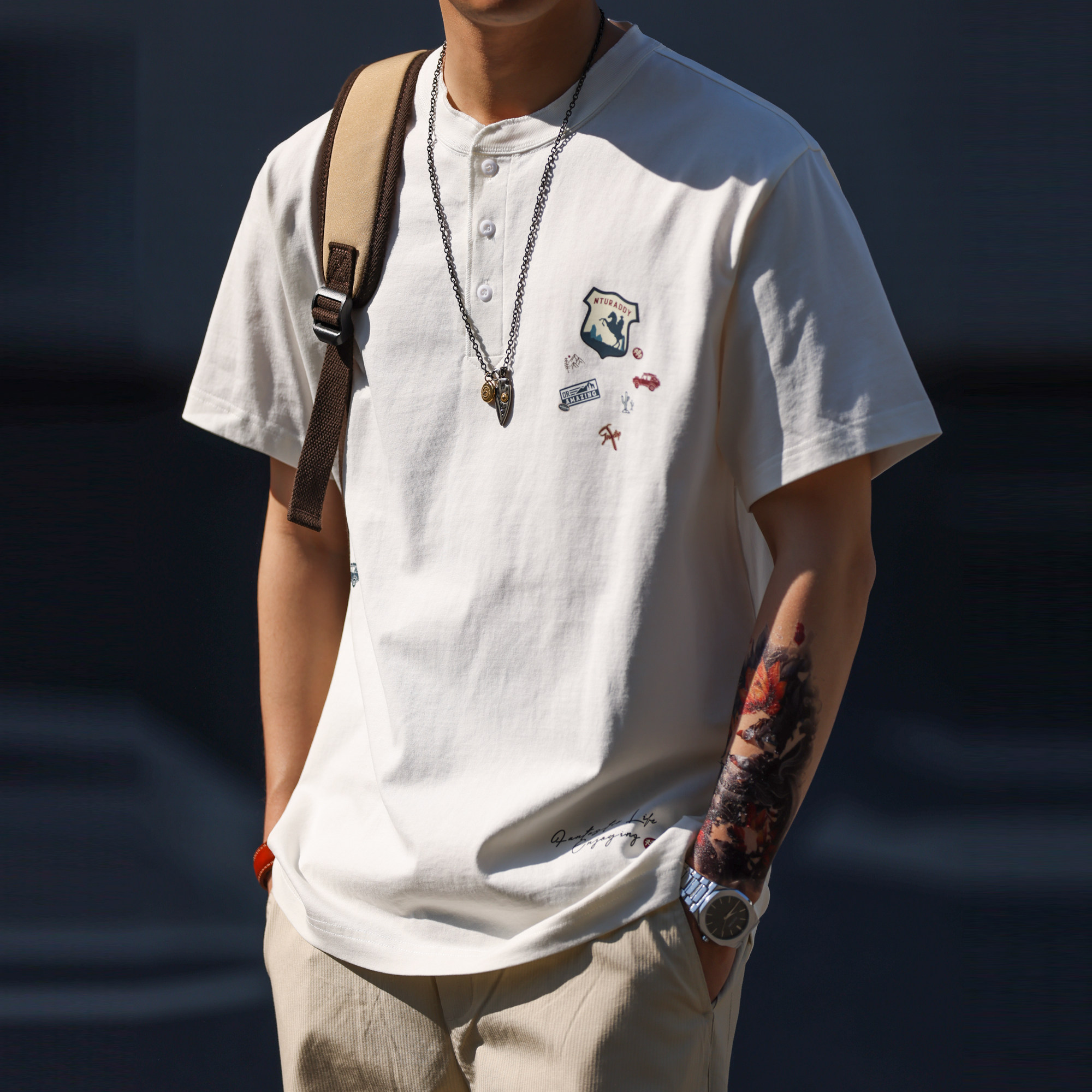 美式休閒250g亨利領短袖T恤男士寬鬆趣味印花純棉打底衫