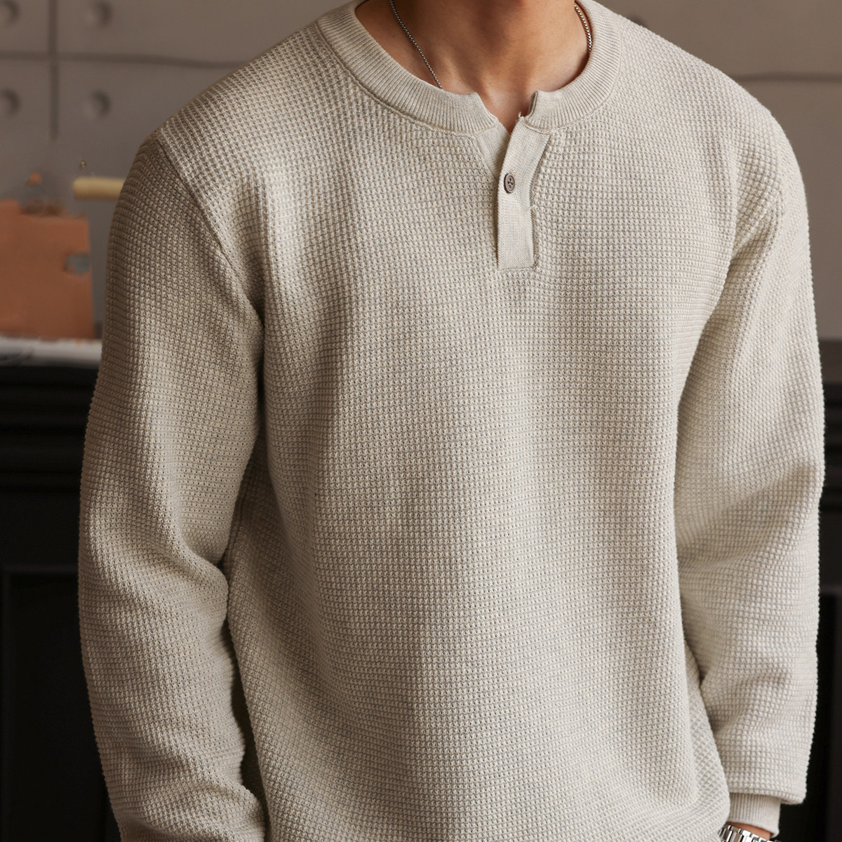 美式新貴亨利領長袖針織衫男細針花紗復古休閒內搭T恤秋