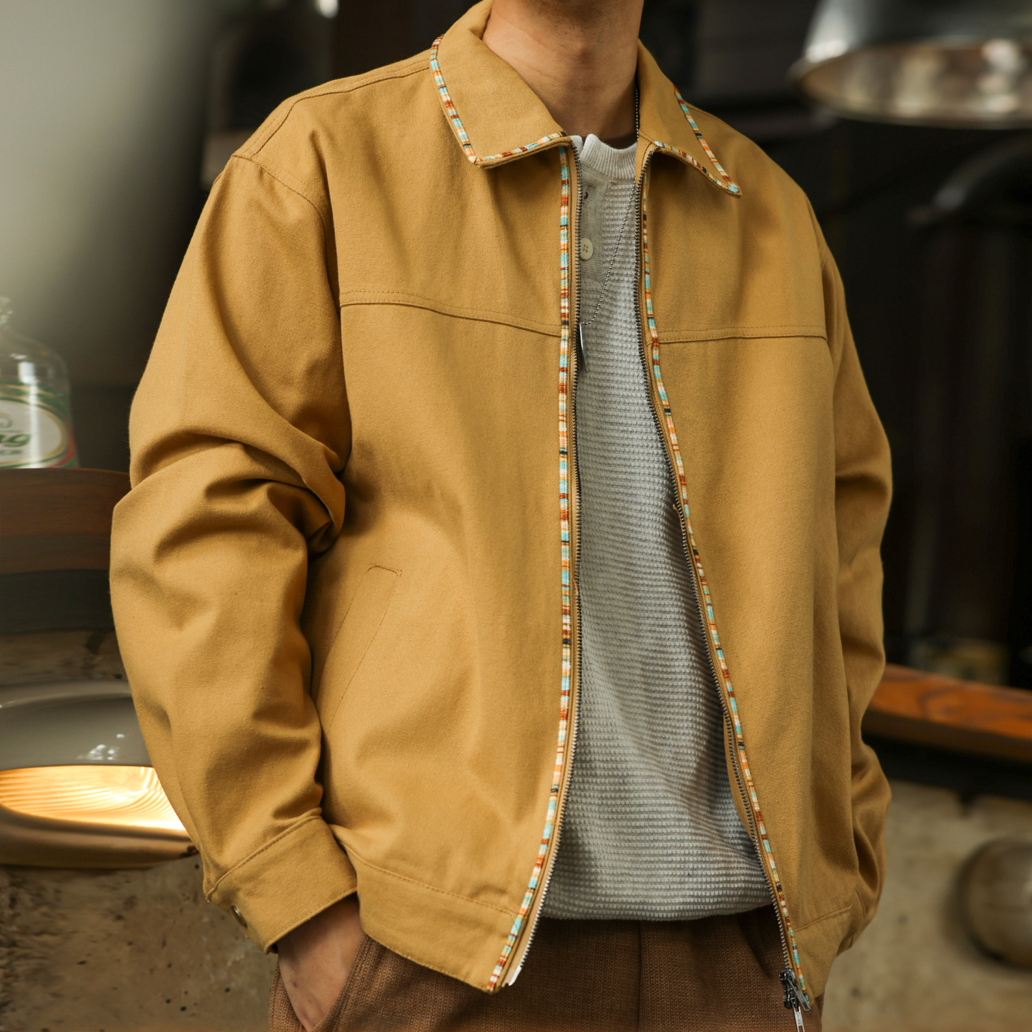 美式復古高級感帆布夾克男vintage織條設計翻領工裝外套