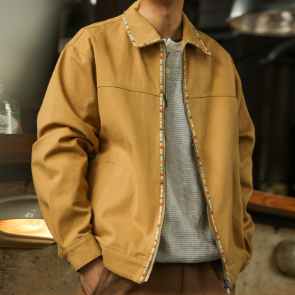 美式復古高級感帆布夾克男vintage織條設計翻領工裝外套