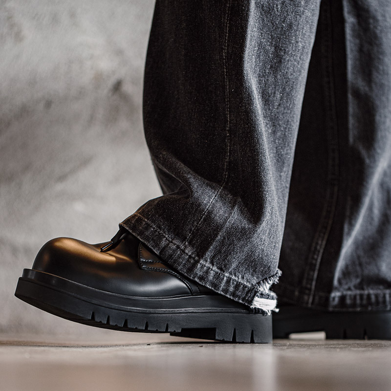 德比鞋男款厚底增高黑色大頭圓頭通勤休閒皮鞋（頭層牛皮）