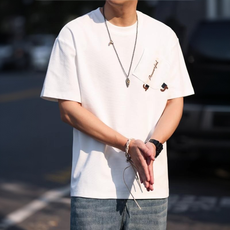 美式休閒220g雲梯紋理短袖T恤男寬鬆刺繡口袋設計TEE春