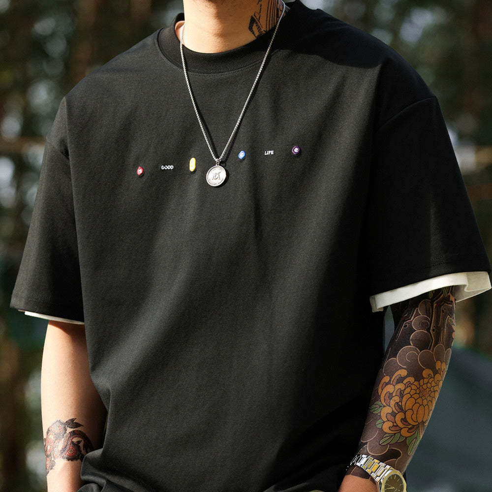 美式休閒刺繡短袖T恤男寬鬆簡約圓領親膚落肩袖打底TEE