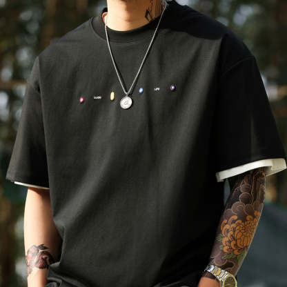 美式休閒刺繡短袖T恤男寬鬆簡約圓領親膚落肩袖打底TEE