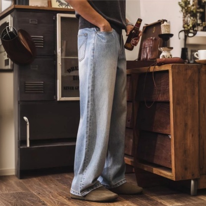 美式復古水洗磨白闊腿牛仔褲男款2026新款春季潮牌寬鬆休閒直筒褲