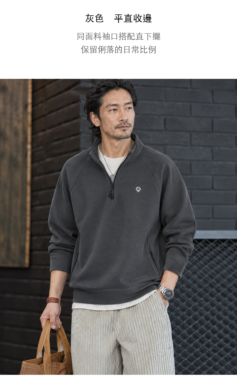 Vintage Stand-Collar Half-Zip Solid Long-Sleeve Men's Sweatshirt, Raglan Fit · 11-S07