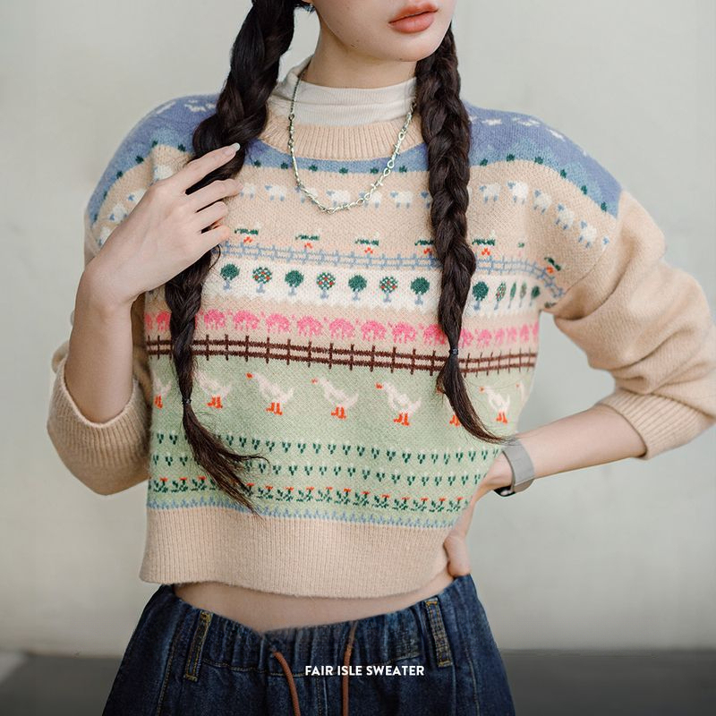 復古費爾島小動物提花毛衣慵懶風套頭圓領內搭針織衫秋季女-Retro's Wear