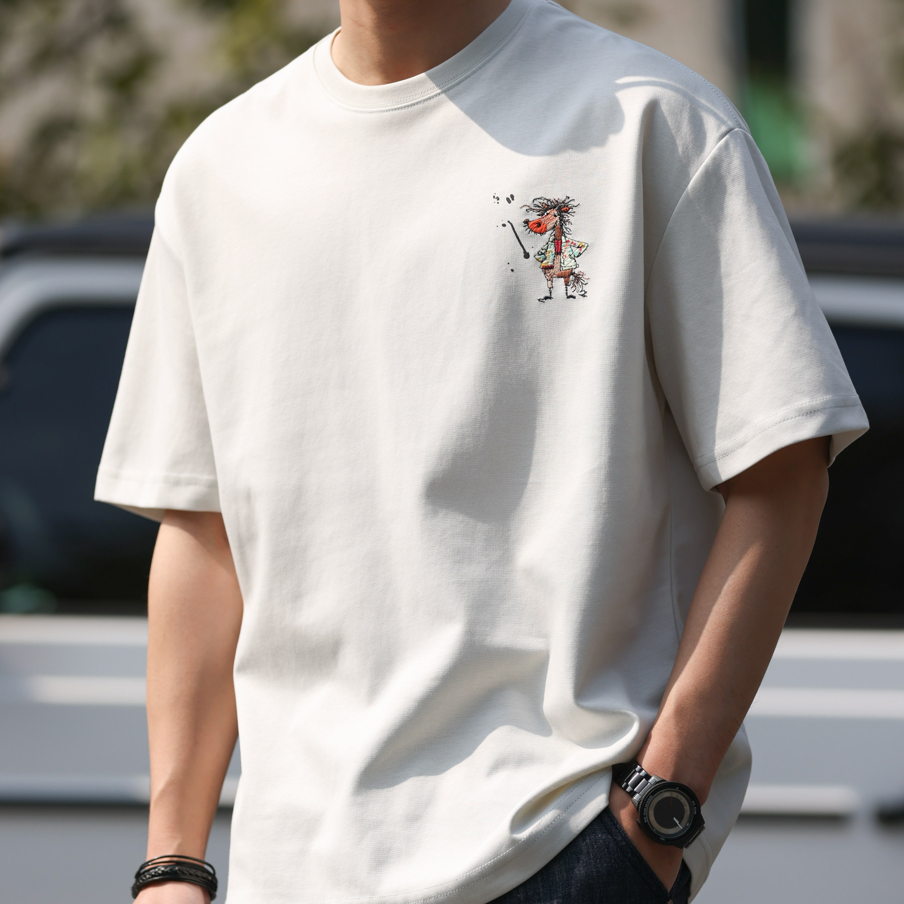 美式休閒刺繡印花短袖T恤男生微寬趣味卡通210g打底衫夏