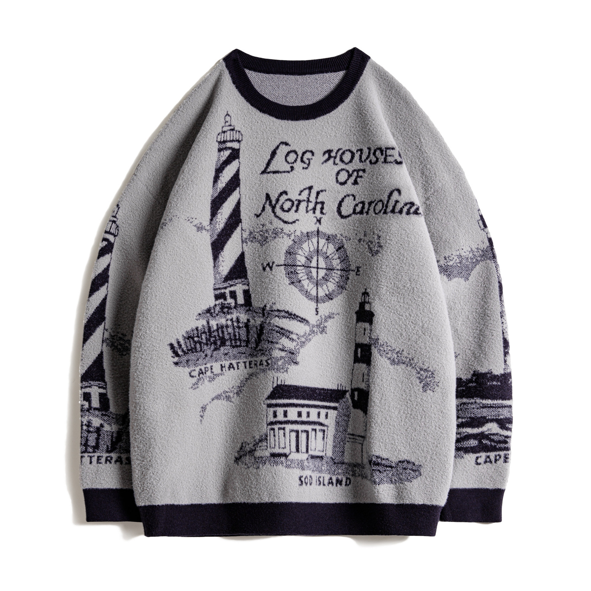 美式灰色圓領套頭毛衣軟糯保暖加厚慵懶風寬鬆外套男秋冬