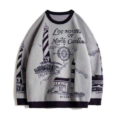 美式灰色圓領套頭毛衣軟糯保暖加厚慵懶風寬鬆外套男秋冬