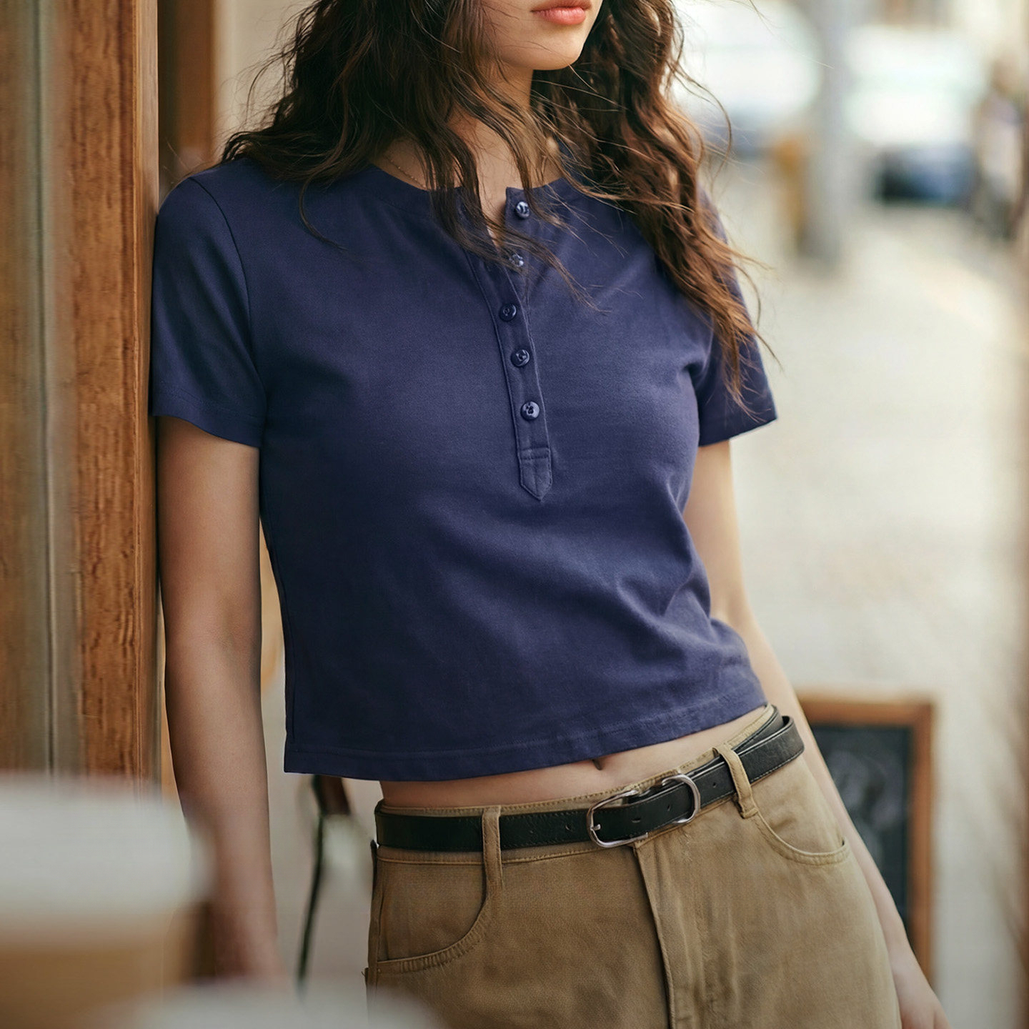 美式全純棉半開襟亨利領短款正肩修身短袖T恤扣子上衣女士夏