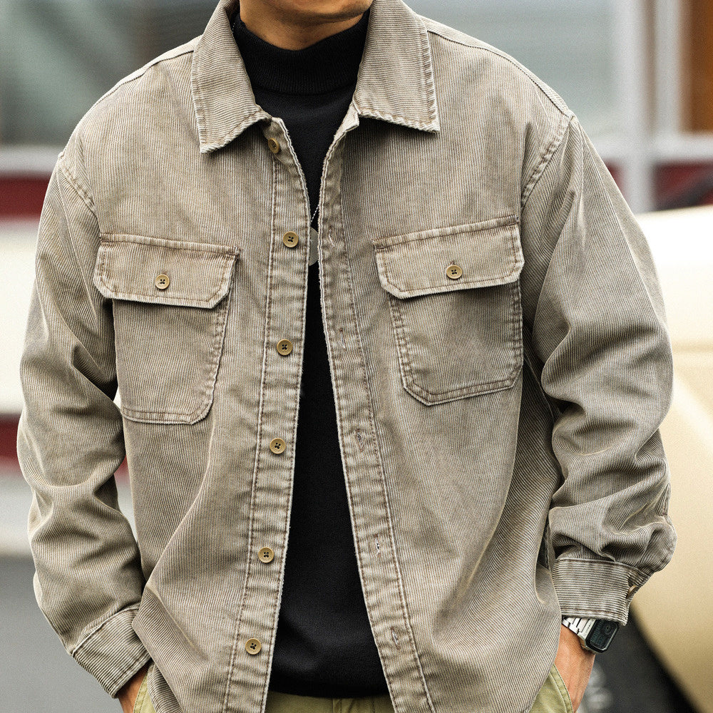 美式休閒水洗長袖燈芯絨襯衣男疊穿外搭16坑條絨肌理感襯衫-Retro's Wear