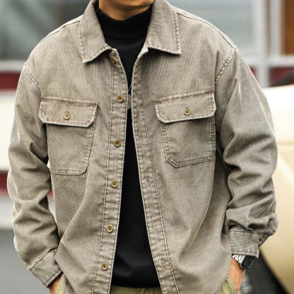 美式休閒水洗長袖燈芯絨襯衣男疊穿外搭16坑條絨肌理感襯衫-Retro's Wear