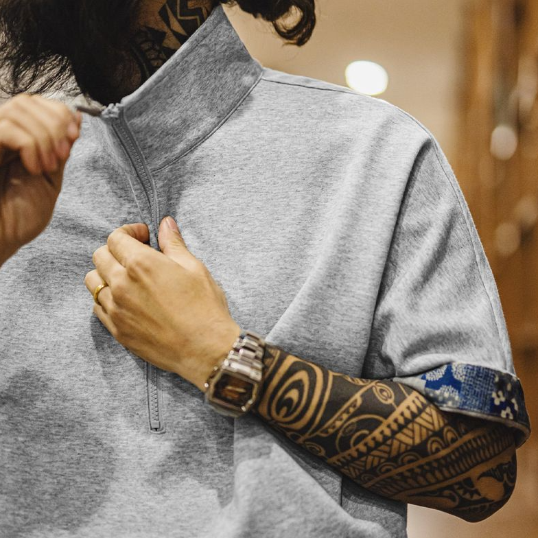 美式復古boro風半開襟polo古布印花寬鬆休閒翻領T恤男夏