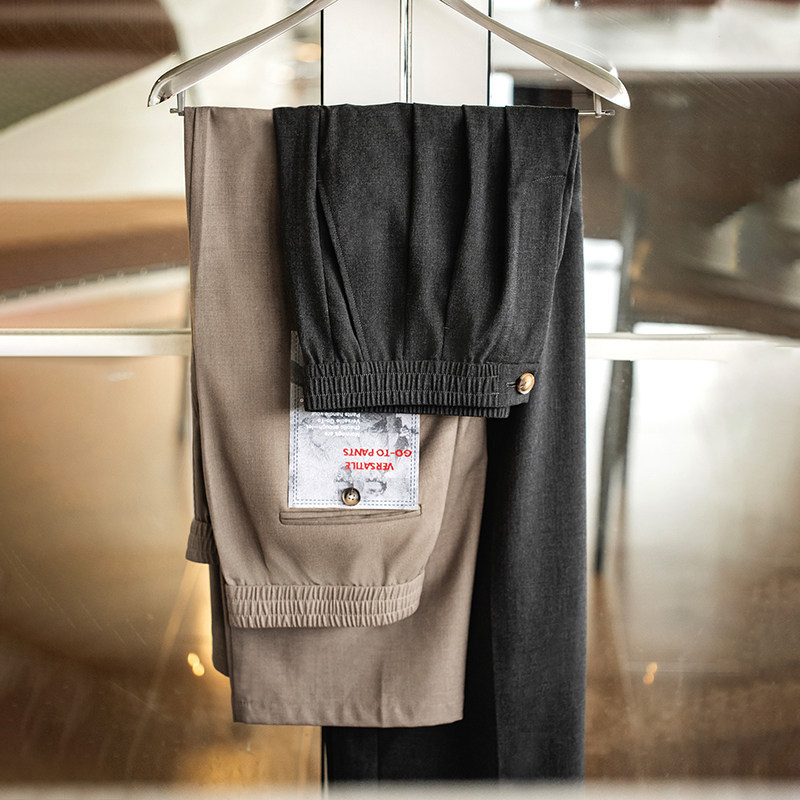 MRA TR垂墜抗防皺闊腿西褲雙褶立體剪裁通勤休閒卡其色長褲子