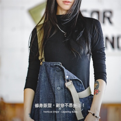 美式休閒半高領純色打底衫內搭女修身長袖薄款秋冬打底衣-Retro's Wear