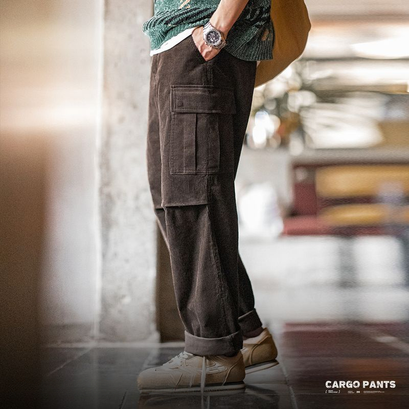 美式復古燈芯絨風琴褶休閒褲寬鬆廓形純棉直筒褲子男秋冬-Retro's Wear