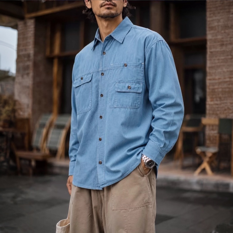 秋季新款水洗藍色襯衫男士寬鬆口袋翻領牛仔休閒長袖上衣