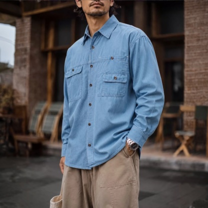 秋季新款水洗藍色襯衫男士寬鬆口袋翻領牛仔休閒長袖上衣