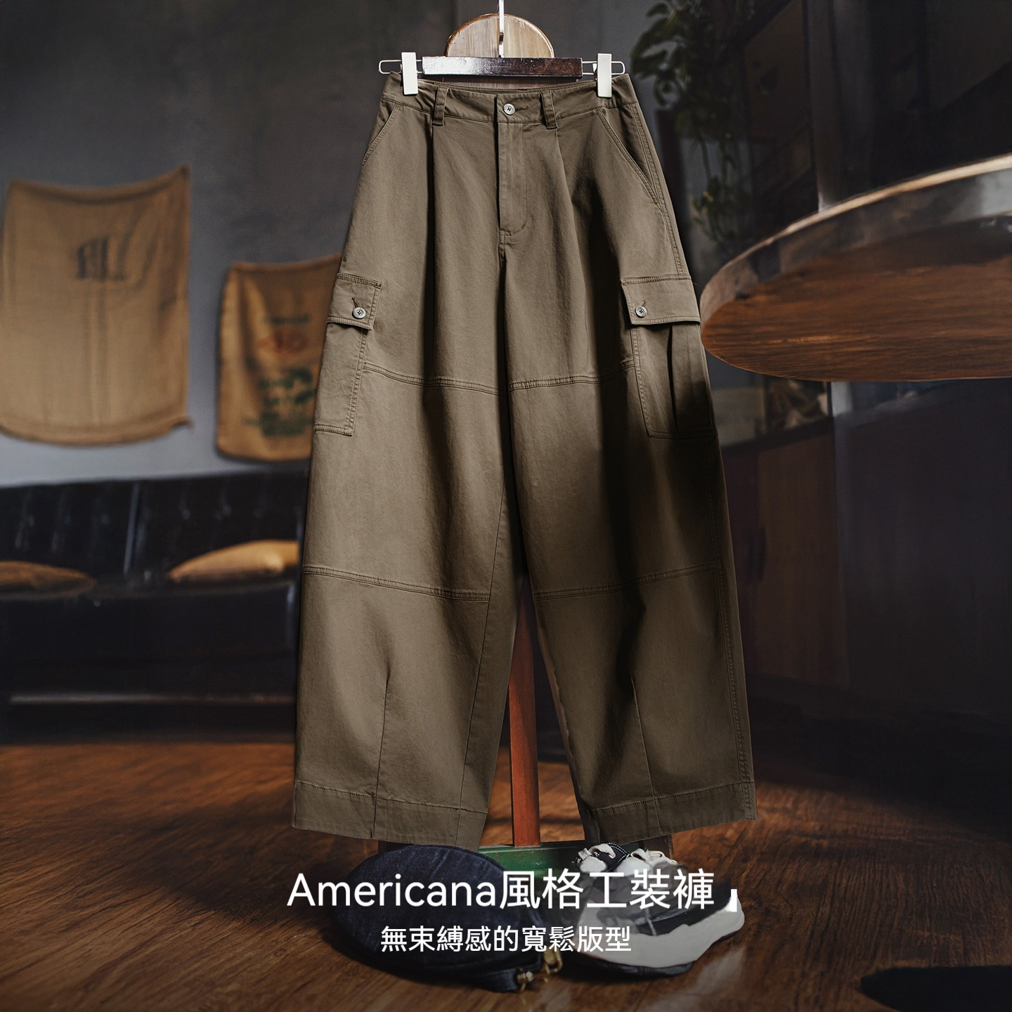 美式復古灰咖啡色多口袋寬鬆闊腿氣球休閒彎刀工裝褲子女士秋