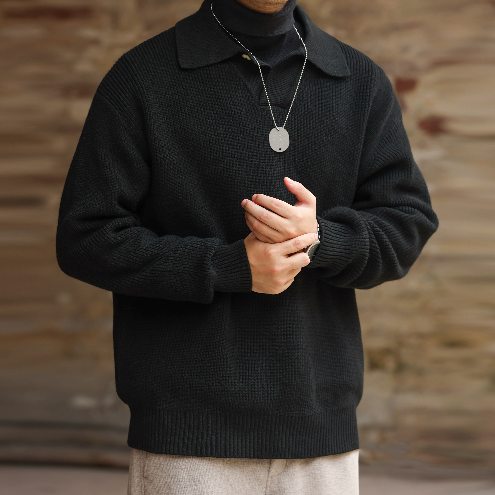 美式復古單粒扣polo領針織衫男660g粗針慵懶風毛衣外套