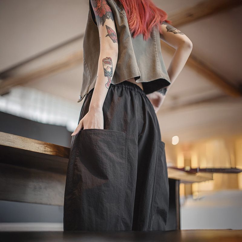 夏日系鬆弛感工裝山本彎刀褲顯腿長寬鬆慵懶小個子闊腿褲潮女