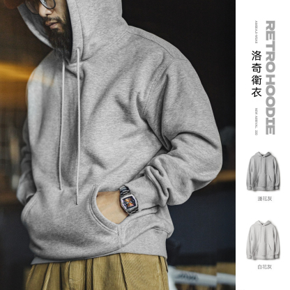 美式灰色洛奇連帽衛衣加絨寬鬆重磅疊穿套頭帽衫外套男秋