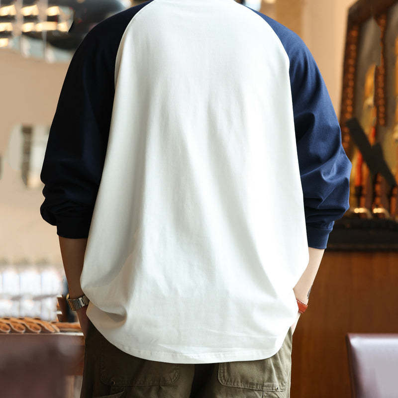 重磅純棉300g日系撞色插肩長袖T恤男寬鬆基礎版復古打底衫秋-Retro's Wear