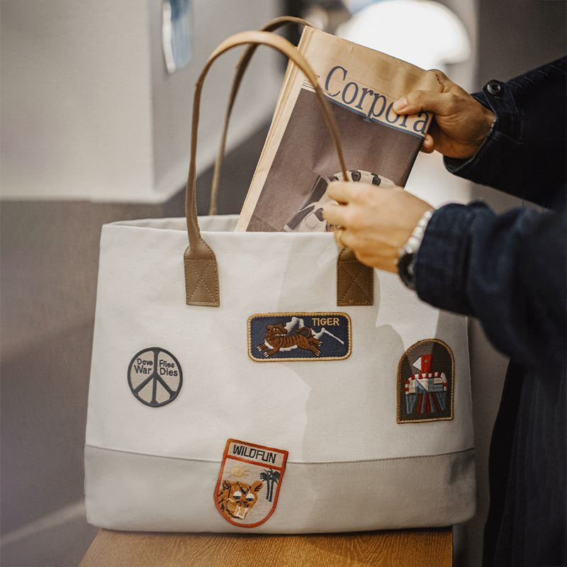 美式復古章仔刺繡托特包大容量手提包相機電腦單肩包男女