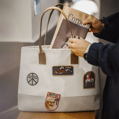 美式復古章仔刺繡托特包大容量手提包相機電腦單肩包男女