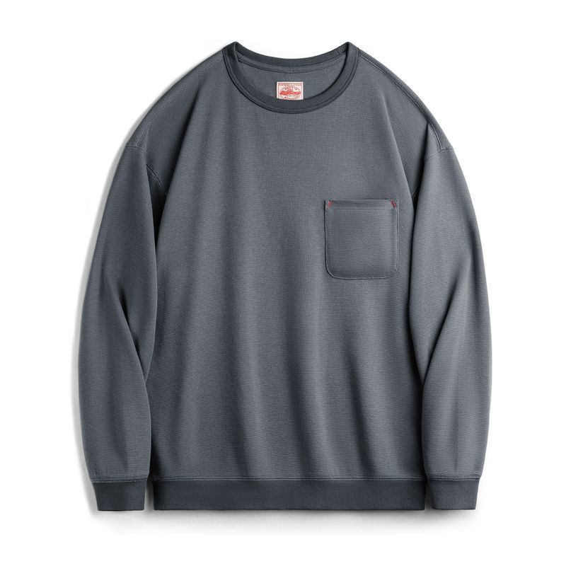 美式休閒華夫格口袋T恤圓領套頭衛衣寬鬆長袖上衣男春季