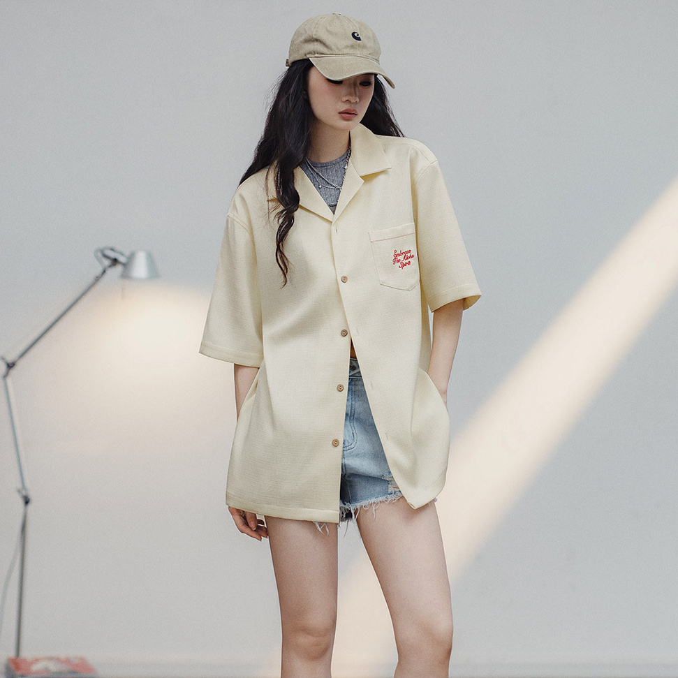 夏威夷風刺繡襯衫設計感寬鬆休閒T恤美式復古短袖襯衣夏季女