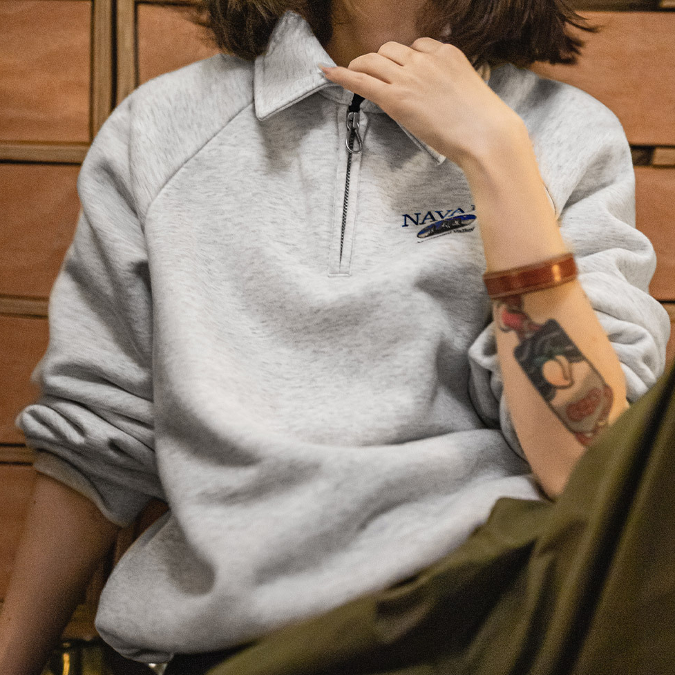 復古灰色翻領polo半拉鍊套頭加絨加厚長袖保暖衛衣外穿女秋冬