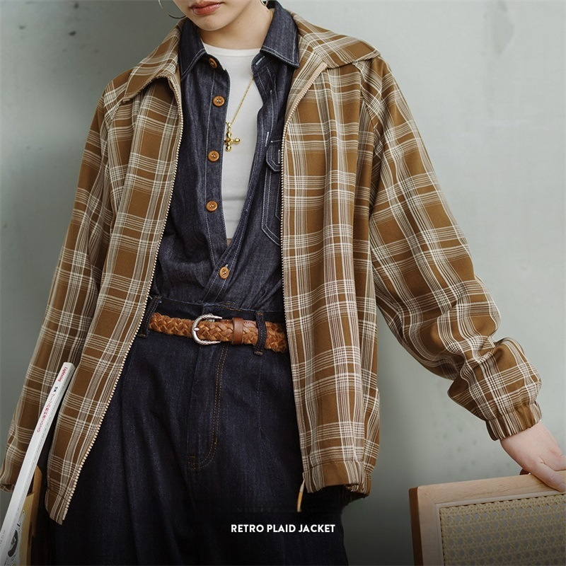 美式復古格紋夾克設計感撞色翻領外套休閒寬鬆百搭上衣春秋女-Retro's Wear