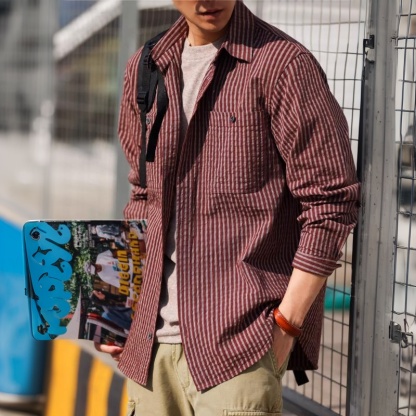美式復古120g純棉豎條紋襯衫男寬鬆泡泡紗咖色襯衣外套