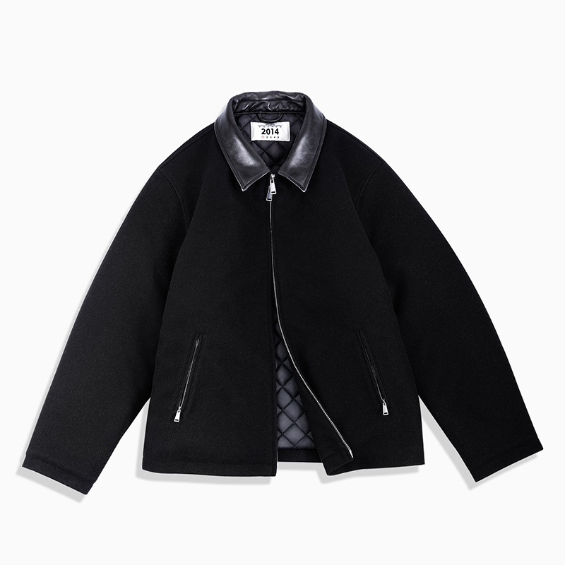 MRA雙拉鍊毛呢棉衣服羊皮領面拼接短款外套加絨行政夾克男冬