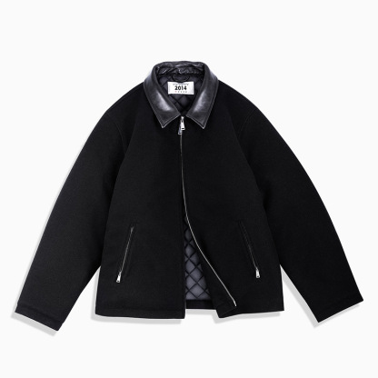 MRA雙拉鍊毛呢棉衣服羊皮領面拼接短款外套加絨行政夾克男冬