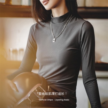 美式休閒半高領純色打底衫內搭女修身長袖薄款秋冬打底衣-Retro's Wear