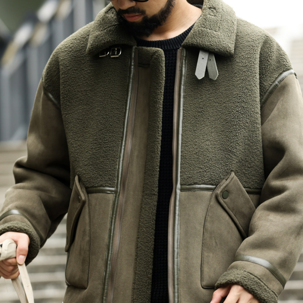 美式皮毛一體羊羔絨毛領外套男加厚保暖麂皮絨拼接夾克