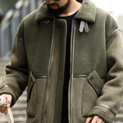 美式皮毛一體羊羔絨毛領外套男加厚保暖麂皮絨拼接夾克