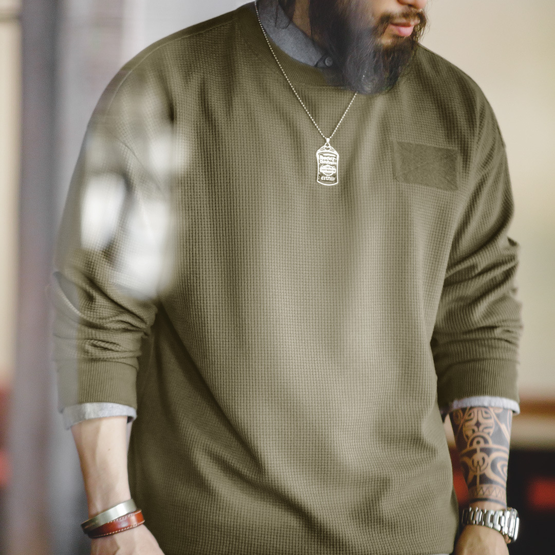 马登工装 美式休闲华夫格长袖T圆领魔术贴叠穿卫衣男秋-Retro's Wear