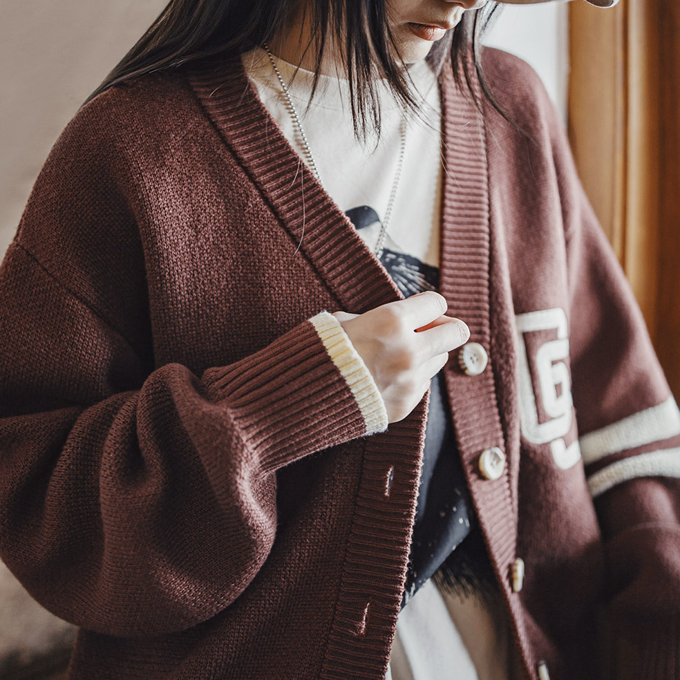 美式復古長袖棕色V領針織開衫外套上衣寬鬆撞色毛衣女士秋冬