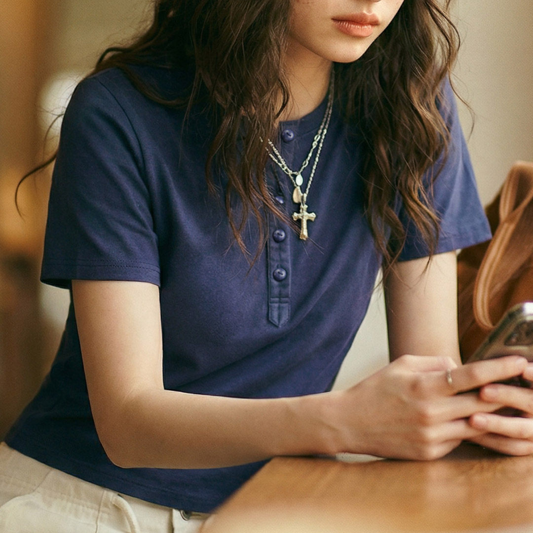 美式全純棉半開襟亨利領短款正肩修身短袖T恤扣子上衣女士夏