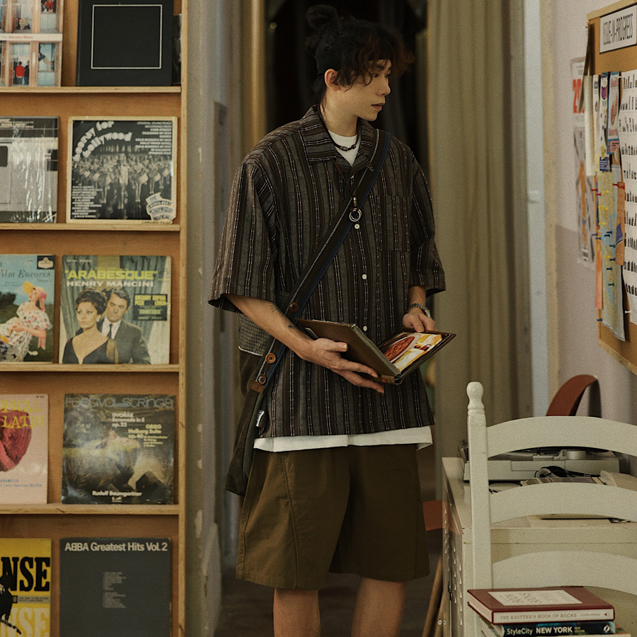 夏季日系條紋口袋工裝襯衫男少年感休閒潮流短袖襯衣