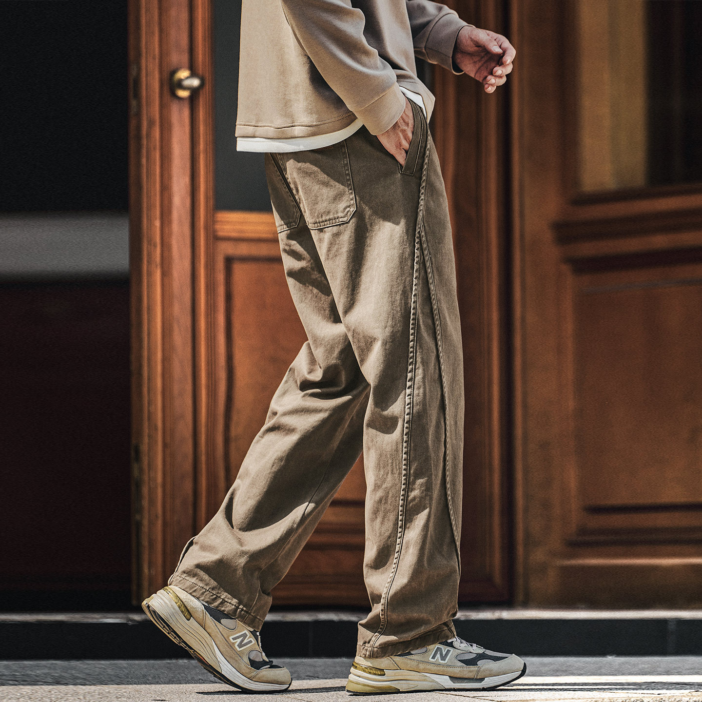 高級感設計老錢風拼接工裝褲子男秋冬款寬鬆垂感休閒直筒褲