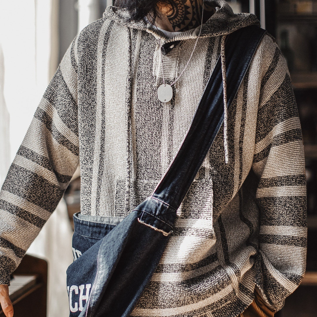 美式復古巴哈半開襟連帽衛衣套頭針織衫薄款垂感外套男春