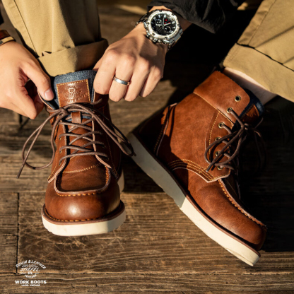 翻領復古工裝靴男靴冬季英倫風牛仔高幫皮靴子百搭短靴馬丁靴-Retro's Wear